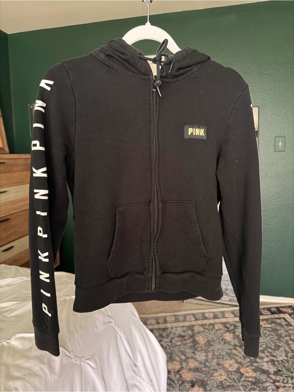 PINK Victoria's Secret Black Full-Zip Hoodie with Sleeve Logo